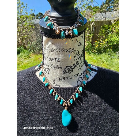 925 Sterling Silver Turquoise & Swarovski Crystal Necklace Bracelet Set - Picture 9 of 15